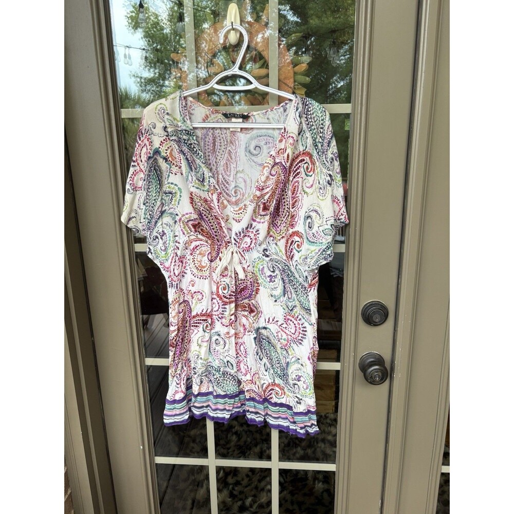 Lauren by Ralph Lauren Multi-Color Paisley V- Neck Chiffon Swim Cover -Up- Large